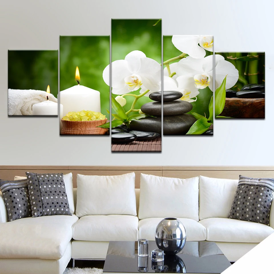 5 Pieces Vintage Zen Stone Orchid Wall Art Canvas Painting Thai Spa Bamboo Posters and Prints for Living Room Home Decor Cuadros