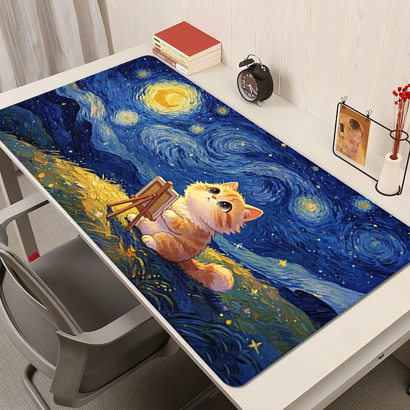 Cute Cat Mouse Pad Artistic Starry Sky Table Mat Gamer Keyboard Mousepad kawaii Extended Desk Mat Anti-fray Pad Gaming Mouse Mat