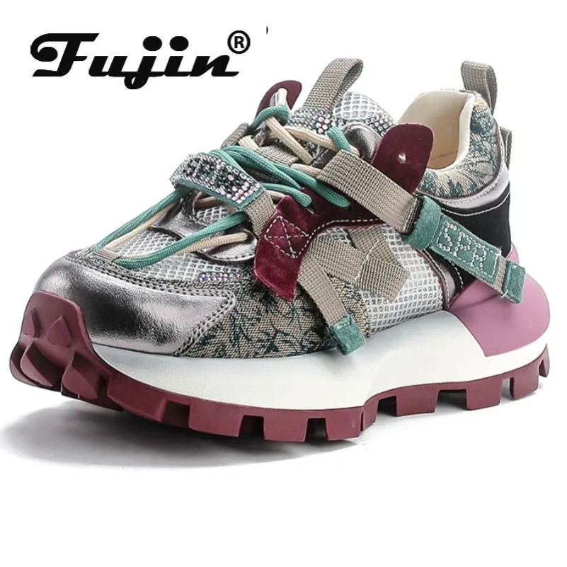 

Fujin 5cm Mixed Color Bling Flats Comfy Booties Chunky Sneaker Breathable Shoes Air Mesh Cow Genuine Leather Ankle Women Summer