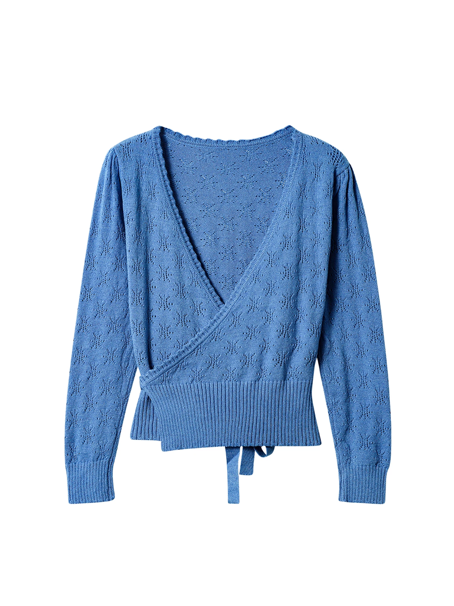 

Women Blue Cardigan Sweater Y2k Vintage 2000s Elegant Jumper Knit Lace-up Long Sleeves V-Neck Hollow Sweater Autumn Winter 2025