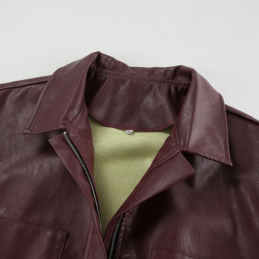 Autumn/Winter 2024 Vintage elegant wine red style pocket lapel motorcycle style leather jacket Fashion loose long-sleeved coat