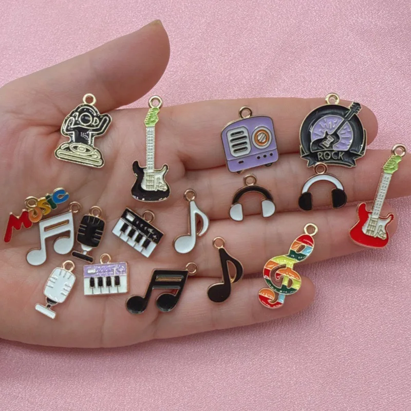 15 Stück Legierungs-Anhänger mit Emaille, für Musikfestivals, niedliche Instrumente, Gitarrennoten, DIY-Zubehör, handgefertigt