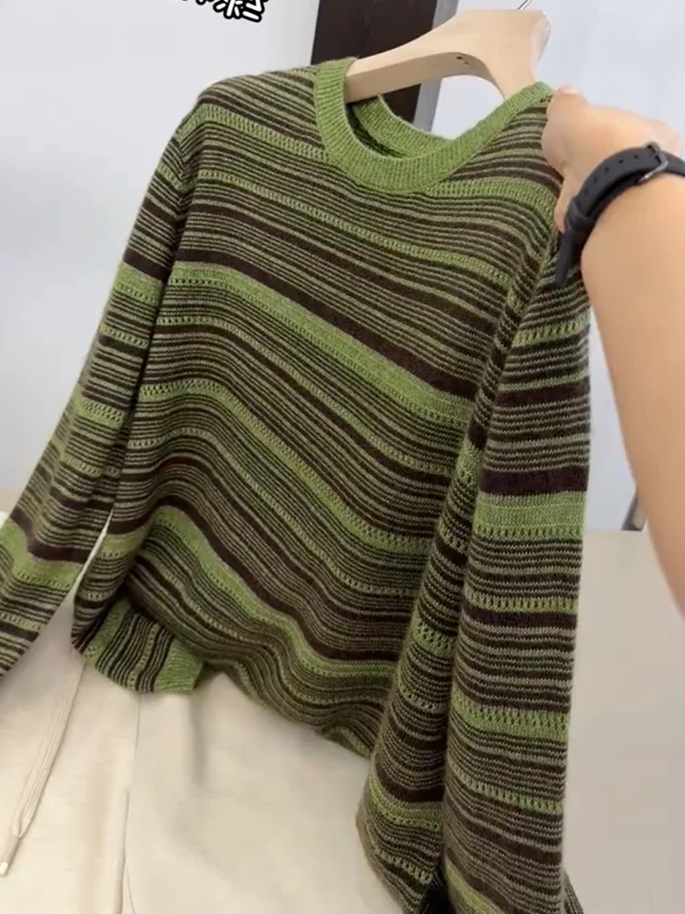 

Корейский вязаный топ в полоску, цветной, больших размеров, для стройности, женский, осенний, новинка, универсальный