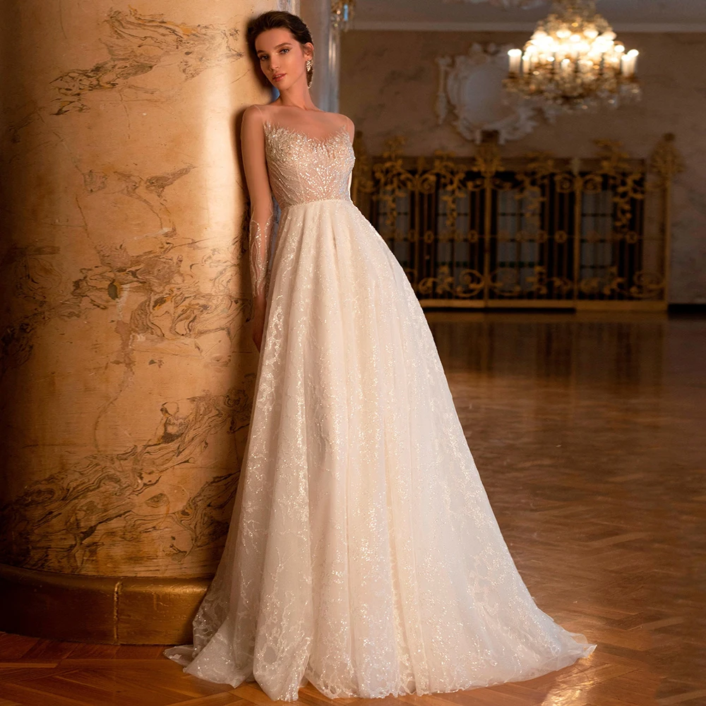 

Sparkly A-Line Women Wedding Dress Customized Sheer O-Neck Appliques Long Sleeves Tulle Bridal Gowns For Brides Vestido De Novia