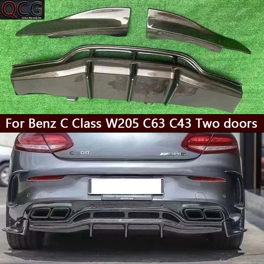 For Mercedes Benz C Class W205 C63 C43 15-18 Two doors Carbon Fiber Car Rear Bumper Diffuser Splitters Spoiler Back lip body kit