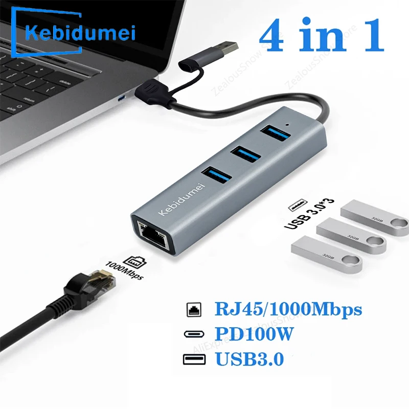 

Type-C to Ethernet Adapter USB A USB C 4 in 1 Multiport Hub with Gigabit RJ45 3 x USB 3.0 Ports Compatible with MacBook Pro PC