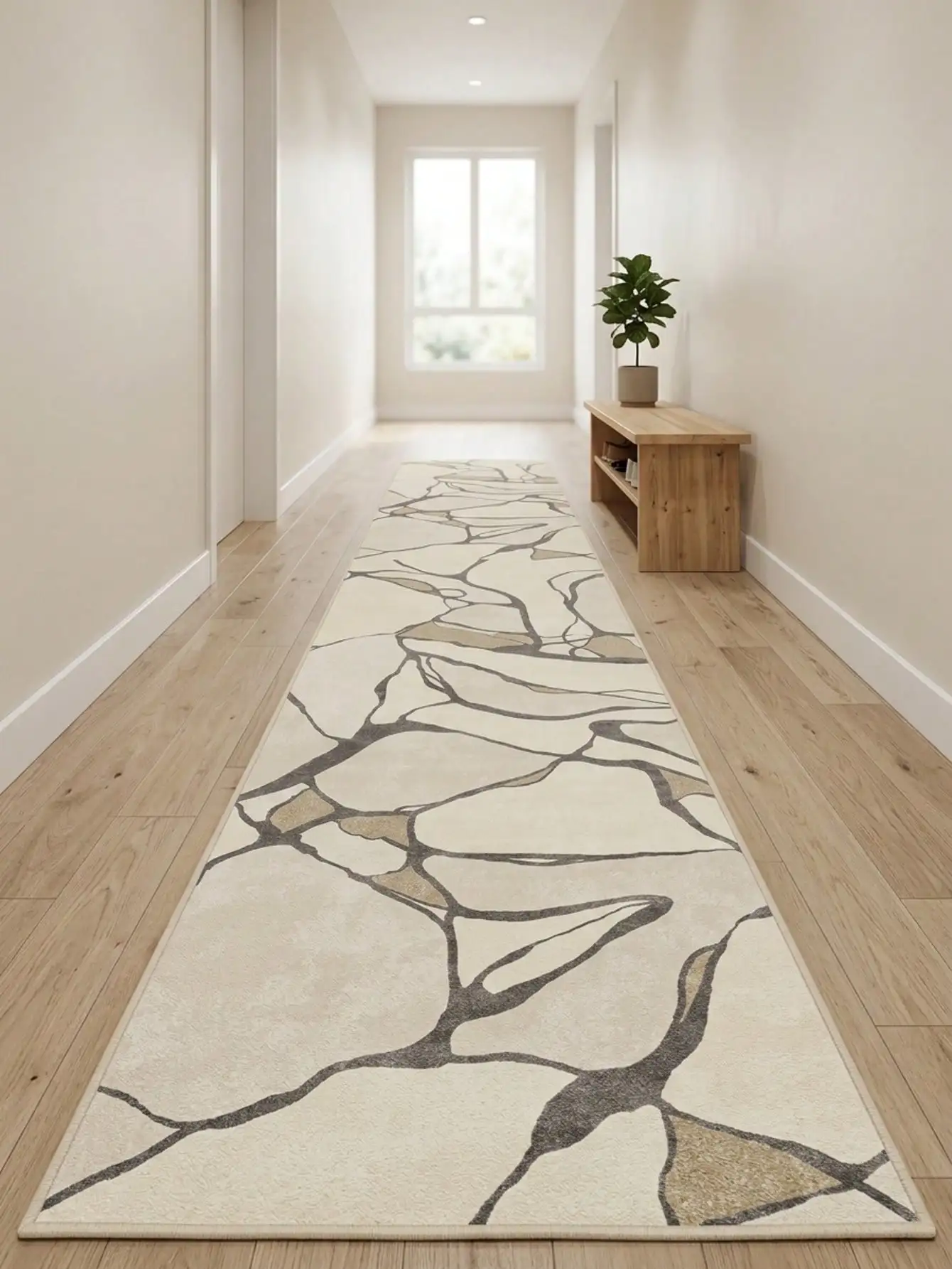 1PC Off-White Gray Brown Cracked Vein Abstract Pattern Modern Minimalist Art Long Runner Rug,Vintage Abstract Style Faux Cashmere Long Rectangular Asymmetrical Cracked Texture And Negative Space Details Machine Washable Bedside Rug sh260906173612280585033