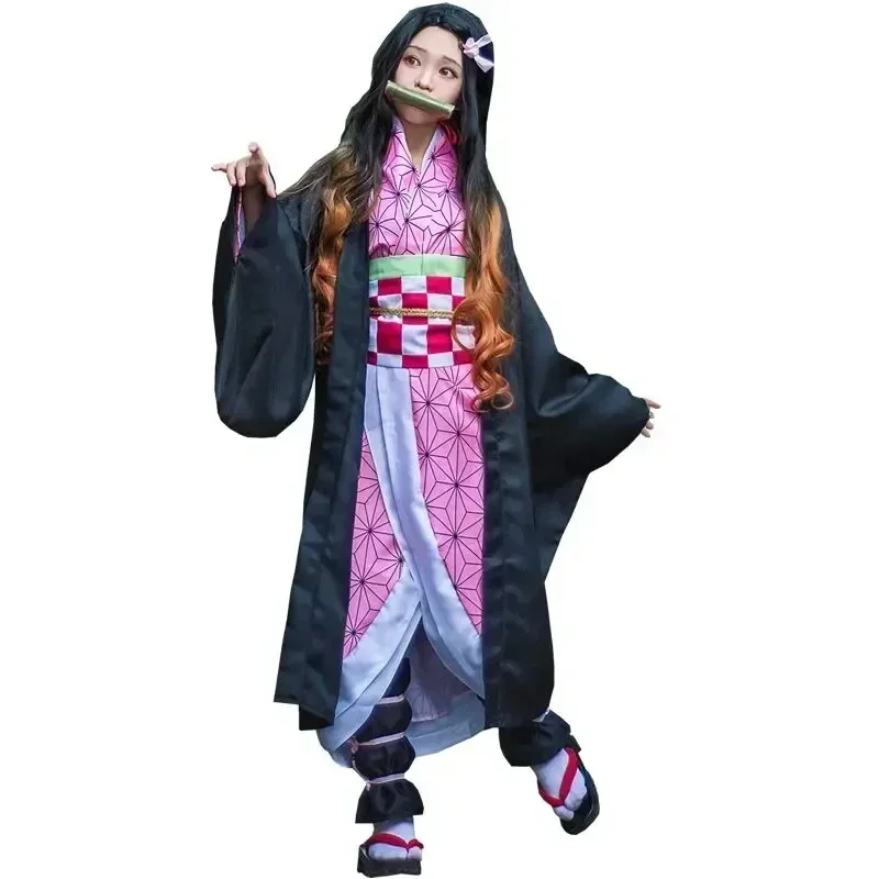 Anime Kimetsu No Yaiba Kamado Nezuko Cosplay Kostuum Kimono Demon Slayer Cosplay Pruiken Haren Halloween Carnaval Vrouwen Outfit