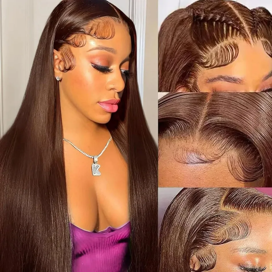 Straight Human Hair Wigs 13X6 Hd Lace Frontal Wigs Chocolate Brown 100% Human Hair 220 Density Preplucked Brazilian Wig 36 Inch