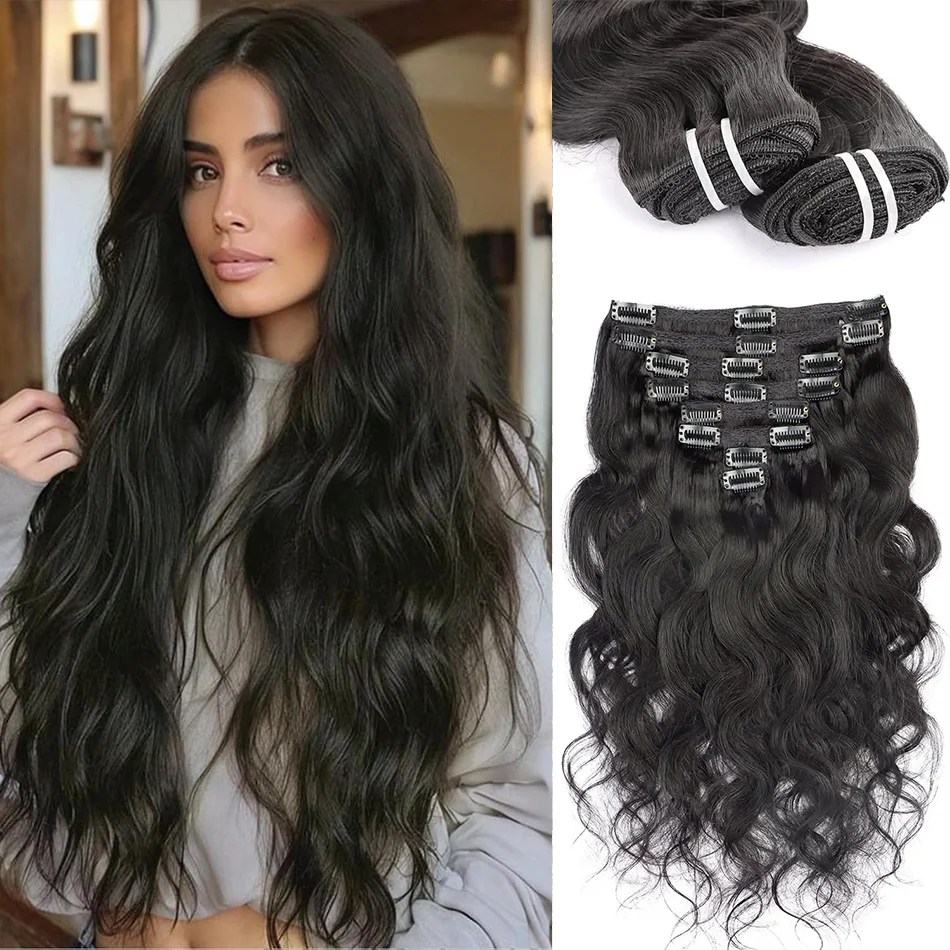 

Clip in Hair Extensions Seamless Invisible Thick Soft Remy 100 Human Hair Body Wave #1b Double Weft Real Wig 24 Inches for Women