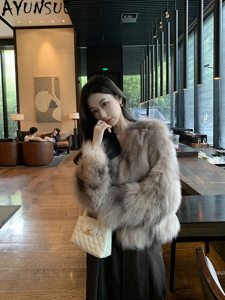 AYUNSUE 2025ฤดูใบไม้ร่วงฤดูหนาวFox Fur Jacketผู้หญิงสั้นหรูหรา100% ฟ็อกซ์ขนสัตว์แจ็คเก็ตเสื้อผ้าผู้หญิงElegant Outerwears Abrigo Mujer