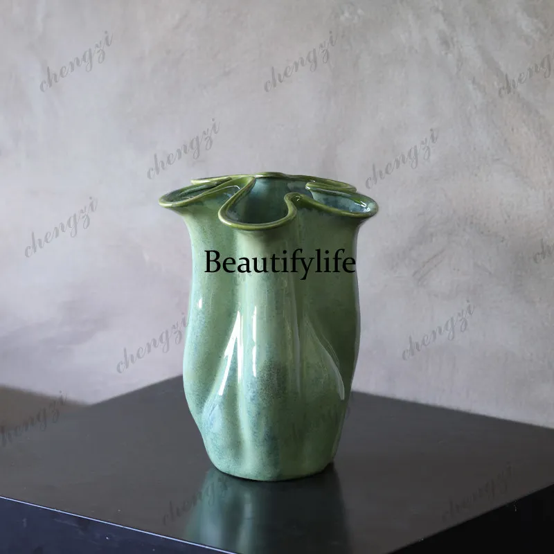 Cabbage ceramic vase medieval ornament retro, flower arrangement living room wabi sandy feng shui raising flowers