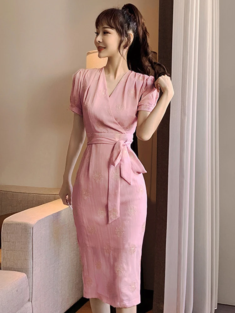 Summer Woman Midi Dress V-Neck Floral Embroidery Chiffon Pink Belt Wrap Hip Slit Date Holiday Beach Seaside Lady Robe Vestidos