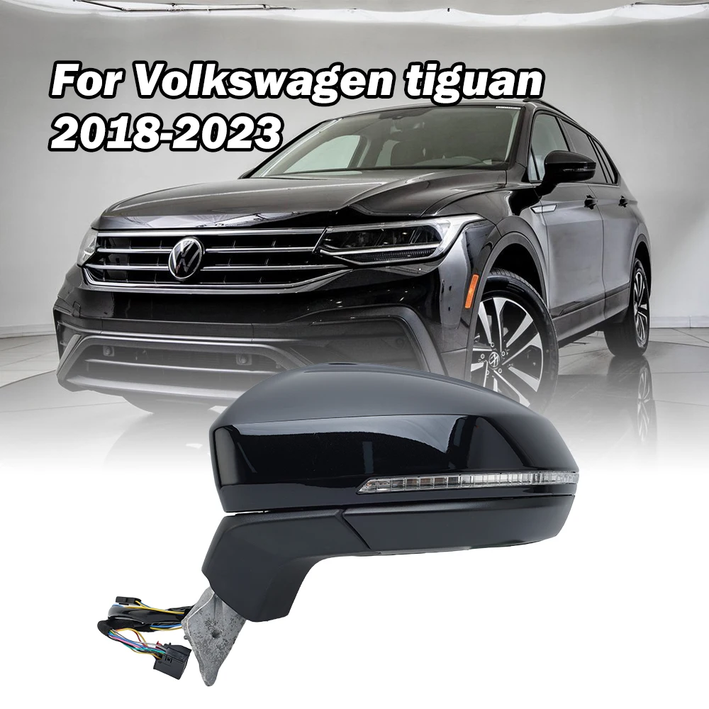 11 Wires Side Rearview Mirror Assembly For Volkswagen Tiguan 2018-2023 Bright Black Blind Spot Light Side Mirror Car Accessories