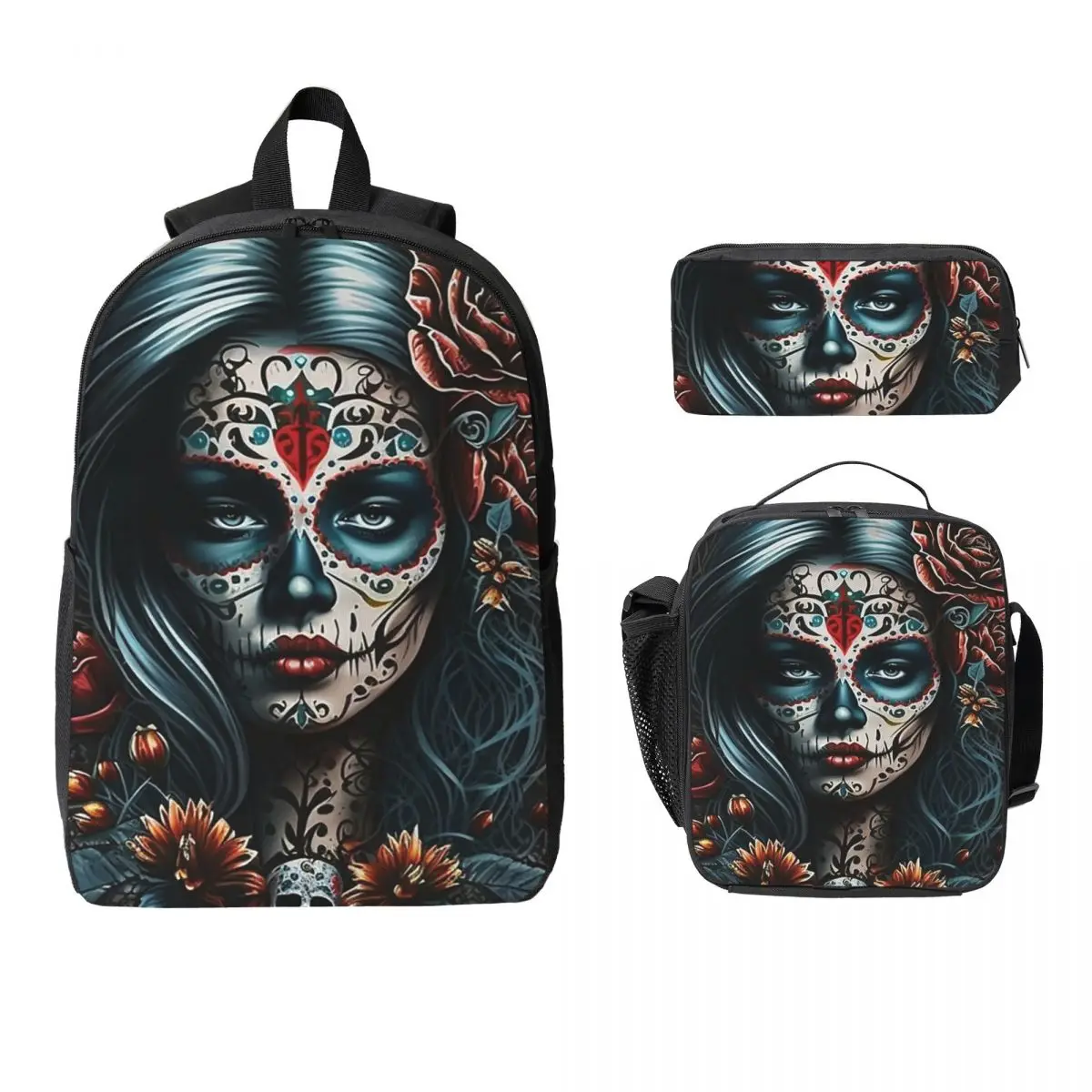 

Mexico Skull Woman Vintage Style Backpack Student BookBag School Bag Computer Shoulder Bags 3ps Insulated Lunch Bag Pencil Case