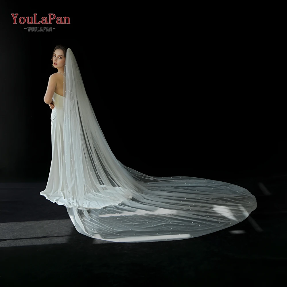 YouLaPan V09 Bridal Veil with Beaded Pearls 3M*3M Wedding Veil Ivory Cathedral Length Wedding Veil with Comb Veu of Bride 4 Mete