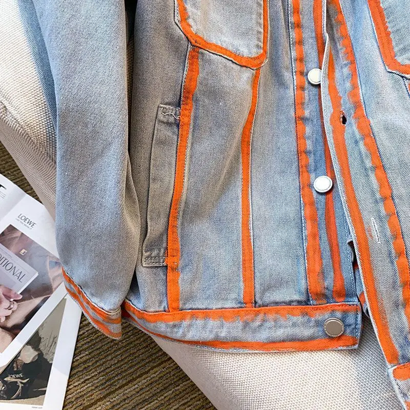 Retro ผู้หญิงลาย Graffiti Contrasting สี DENIM แจ็คเก็ตฤดูใบไม้ผลิฤดูใบไม้ร่วงมือทาสีกางเกงยีนส์ PLUS ขนาดคาวบอยเสื้อสเวตเตอร์ถัก