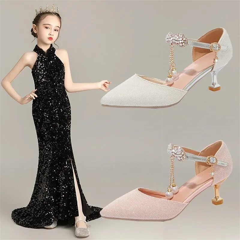 Leather Pointed Toe Girls High Heel Shoe Princess Children Designer Wedding Shoe 5CM