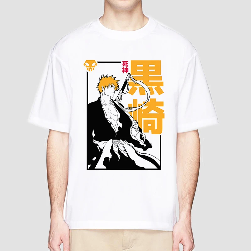 Anime Bleach T Shirt for Men Ichigo Graphic T Shirts White Japanese Harajuku Fashion Casual O-Neck Short Sleeve Tee Summer Top