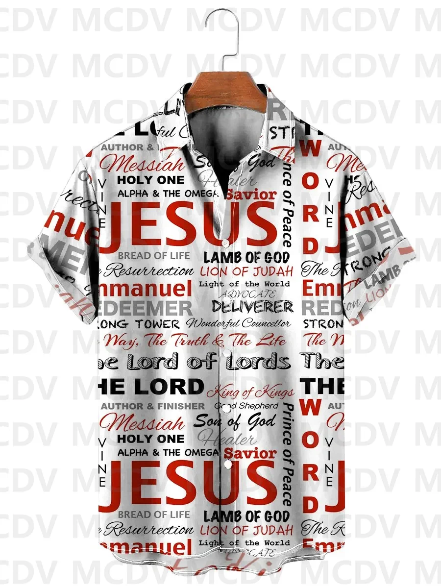 Names of Jesus Christ Christian Print Easter Chest Pocket Short Sleeve Hawaiian Shirt