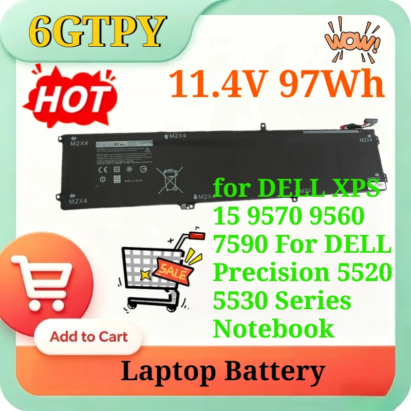 11.4V 97Wh 6GTPY Laptop Battery for DELL XPS 15 9570 9560 7590 For DELL Precision 5520 5530 Series Notebook