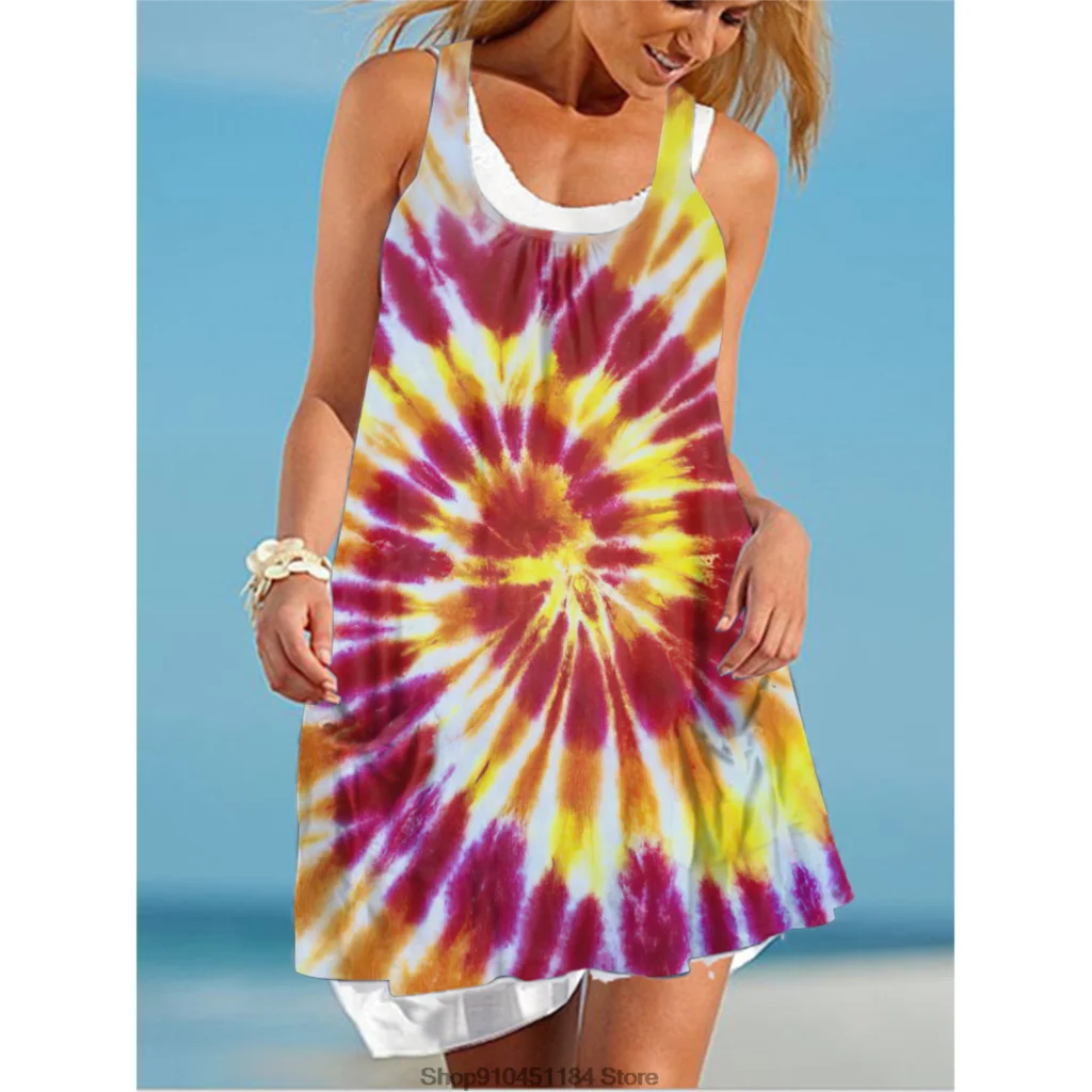 3D Colorful Digital Printing Women Sleeveless Dress Fake Two Piece Summer Bohemian Tank Dresses Casual Female Loose Beach Dress