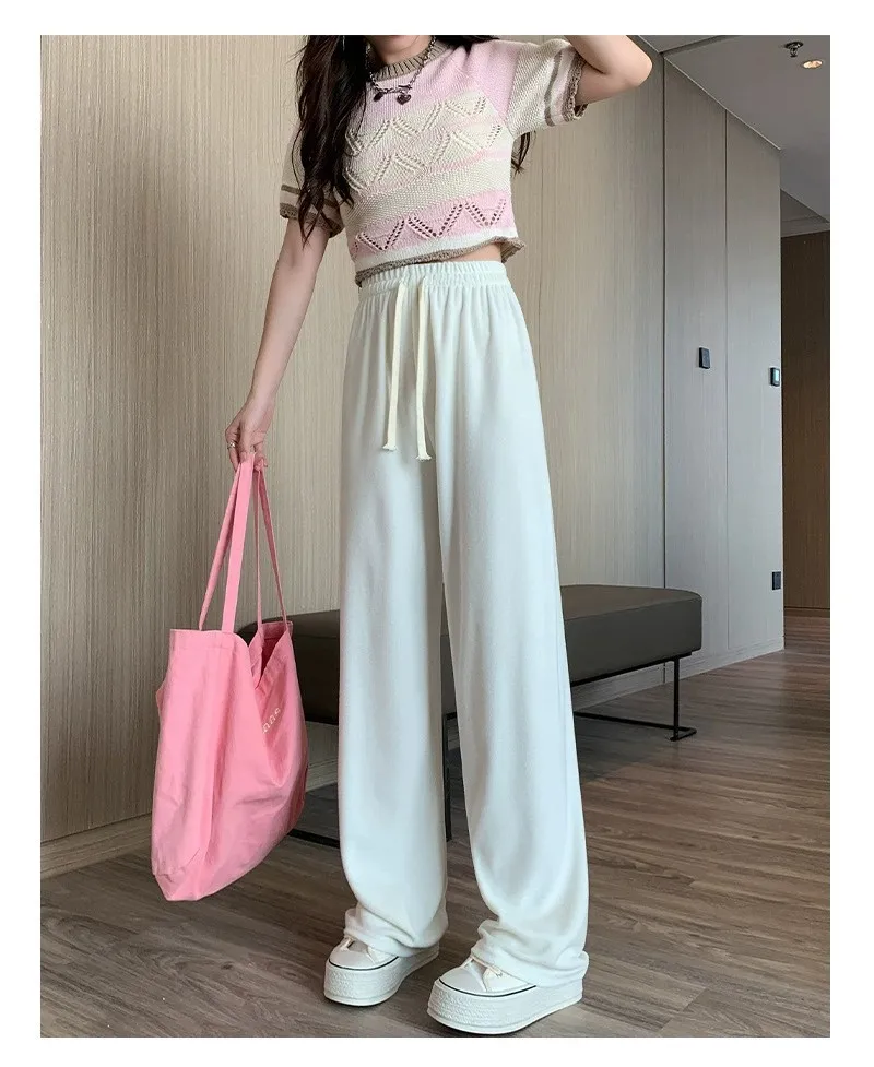 Milk White Towel Cashmere Wide Leg Pants For Women Casual Straight Mop Floor Loose Trouser Women's Drawstring Warm Pants