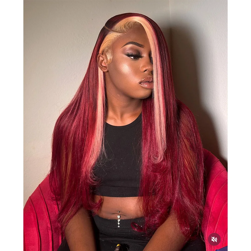 Linhua Brazilian 99j With #613 Blonde Burgundy Straight 13X4 Transparent Lace Wigs Remy 13X6 Lace Frontal Wig 30 Inch Preplucked