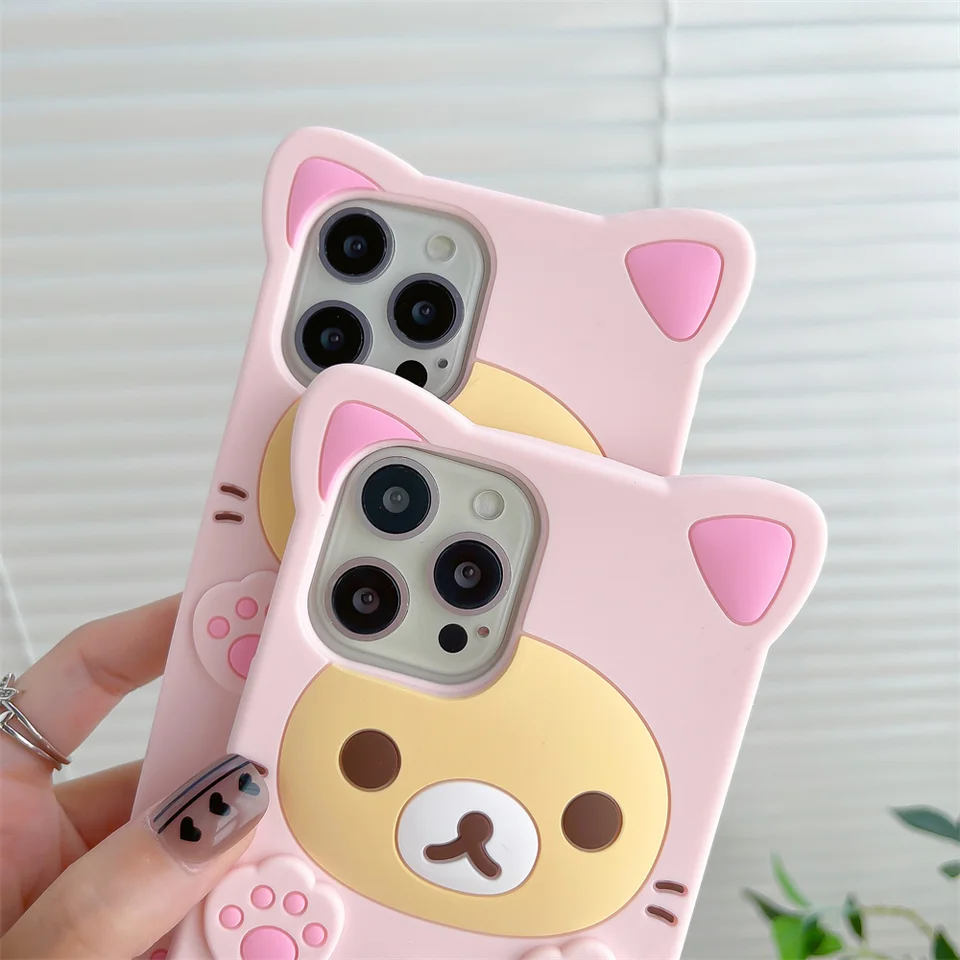 Funda de silicona suave con diseño de oso Rilakkuma para iPhone 17 Pro Max 16 15 14 13 12 Mini 11 Pro Max Xs XR 6 7 8 Plus SE, cubierta Kawaii de gato 5
