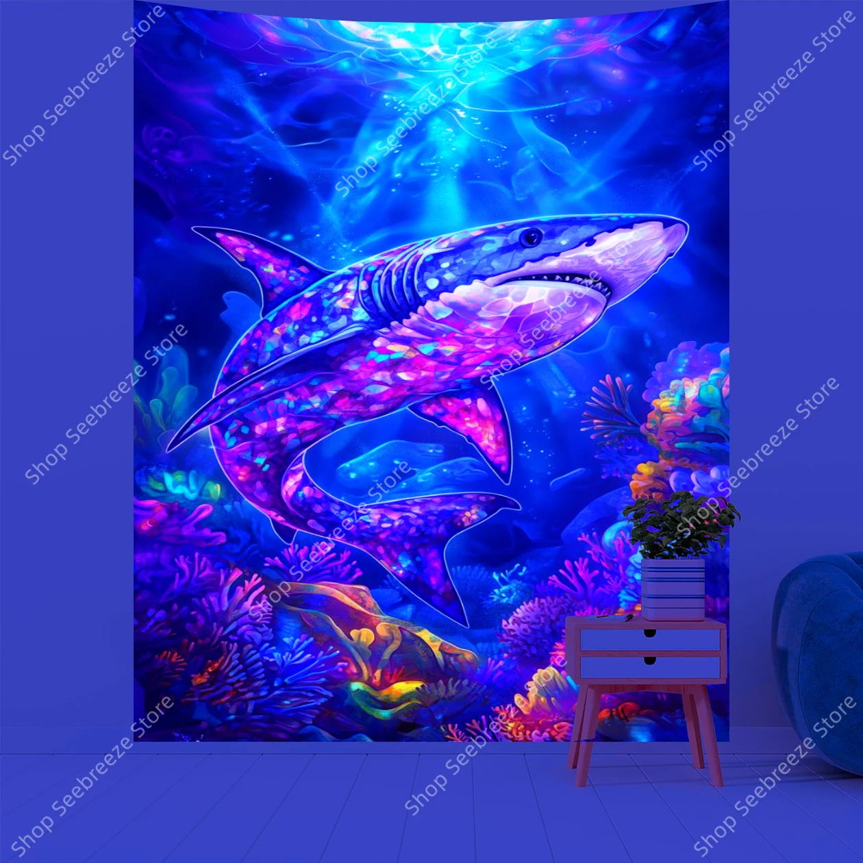 Animal Tapestry Psychedelic Shark UV Reactive Tapestry Wall Hanging for Hippie Room Decor Aesthetics Beach Towel Gift for Friend