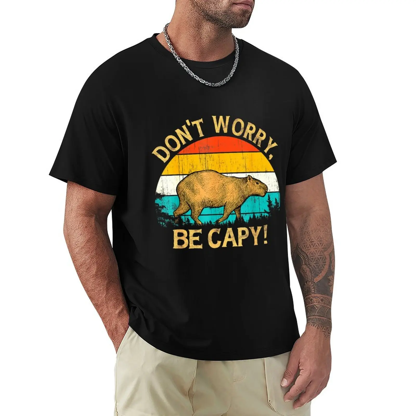 Capybara Vintage Retro Style Awesome Don't Worry, Be Capy T-Shirt Large Size Basic Casual T-Shirt