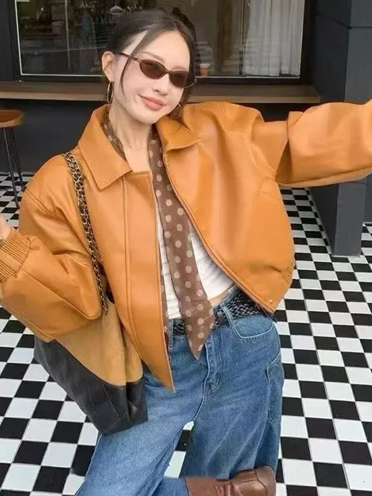 

American Biker Y2K Pu Jacket Women Harajuku Vintage Streetwear Loose Short Coat Fall Casual Long Sleeve Hip Hop Bf Moto Tops