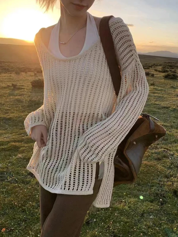 Beach Vacation Style Loose Knitted Outerwear Hollow out Sunshade Shirt Women Summer Top Mesh Openwork Design Long Sleeve