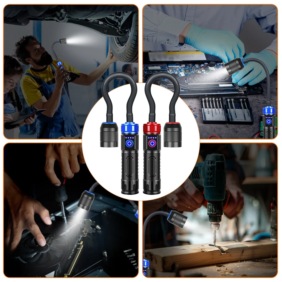 Flexible LED Work Light with Magnetic Ultra Bright Type-C Rechargeable Flashlight Waterproof  Zoom Torch Light for Camping BBQ