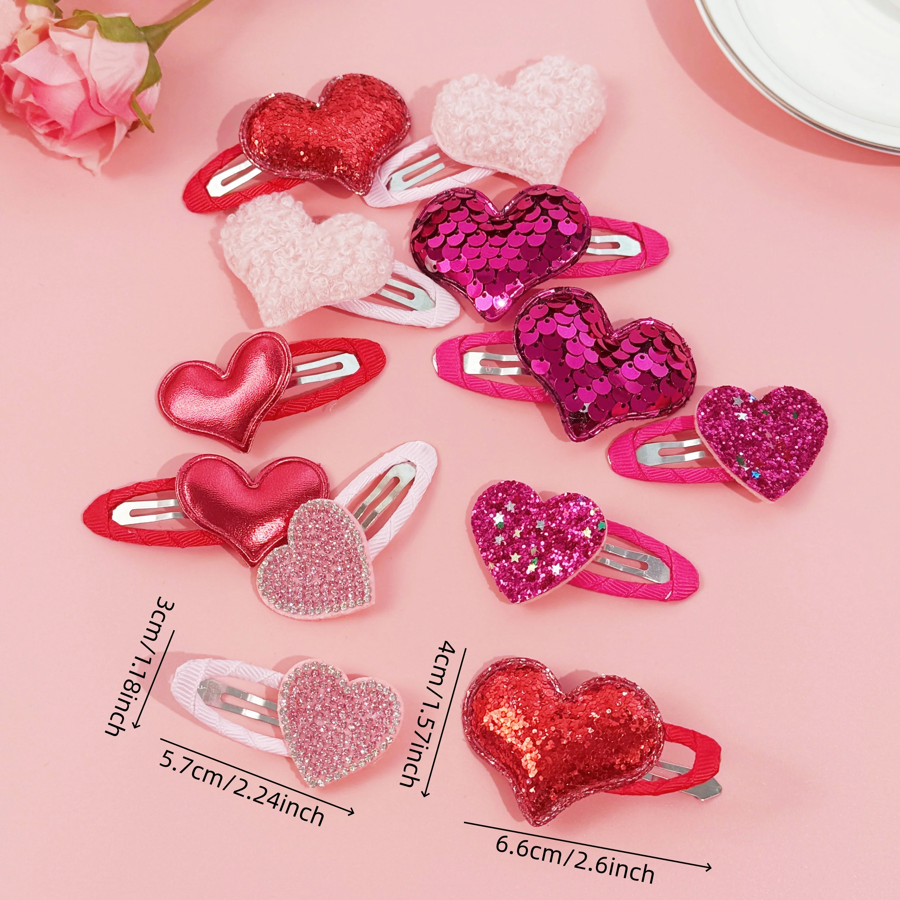 12pcs Valentine's Day Hair Clips Girls Bristal Heart Barrettes Clips Ribbon Snap Heart Hair Clip Kids Girls Hair Accessories view 5