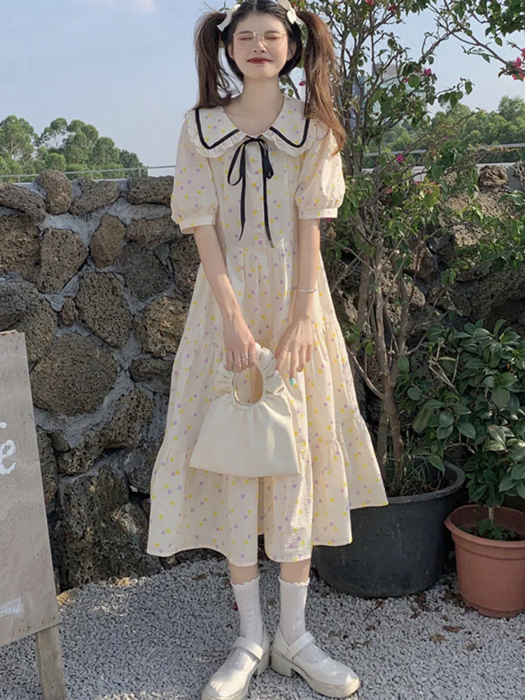 

KIMOKOKM Preppy Style Sweet Girl Summer Women's Dress Heart-shaped Printing Fairycore Kawaii Puff Sleeve Ruffled Mid-Calf Dress