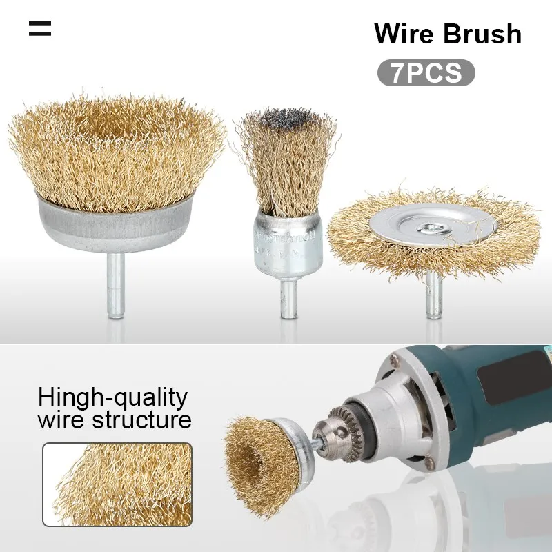 Wire Wheel Brush 6mm Shank Electric Grinder Wire Brush Drill Removal Rust 7pcs Brass Coated Polishing Grinding Rotary Tool