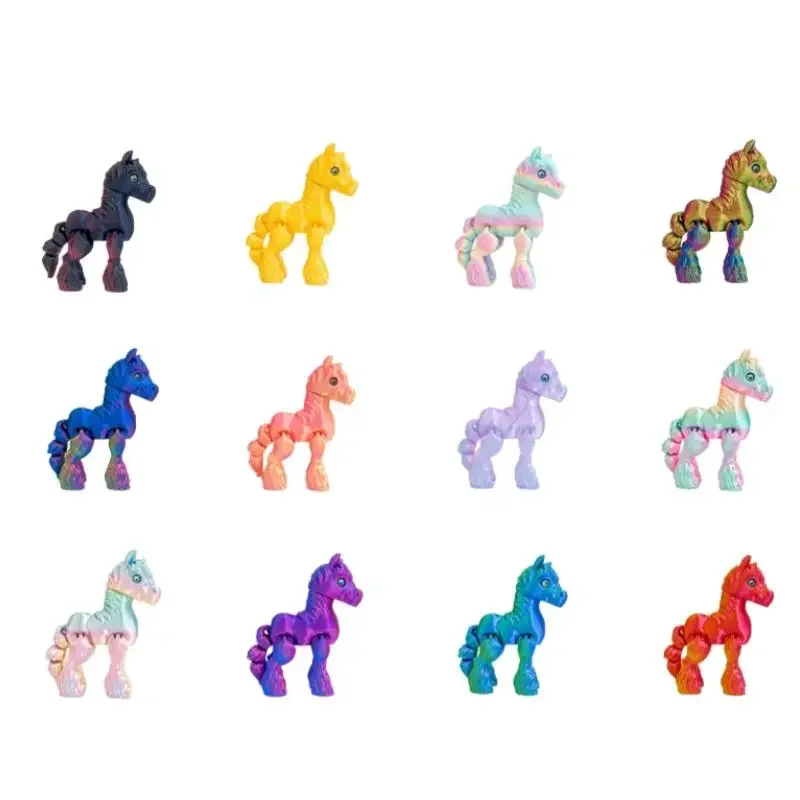 3d impresso brinquedo arco-íris cavalo simulado estátua bonito zodíaco cavalo conjunta cauda estatueta móvel decoração do escritório presente de ano novo