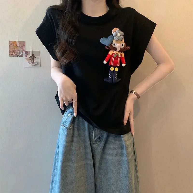 

3D кукла в американском стиле хип-хоп, новинка лета 2025, футболка с круглым вырезом, простой универсальный свободный топ средней длины с летящими рукавами