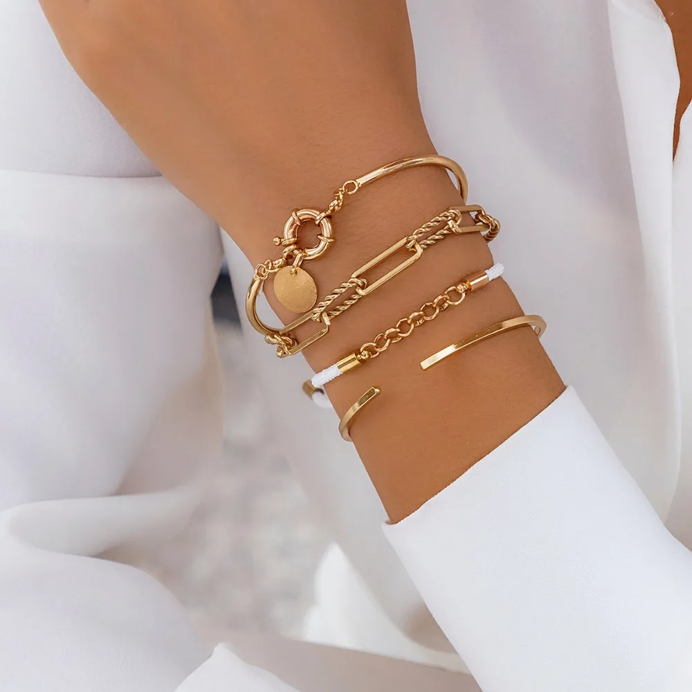 4pcs Set Trend Hip-hop Gold Color Geometric Metal Chain OT Clasp Mashup Fold Wear for Women Temperament Jewelry Accessories Gift