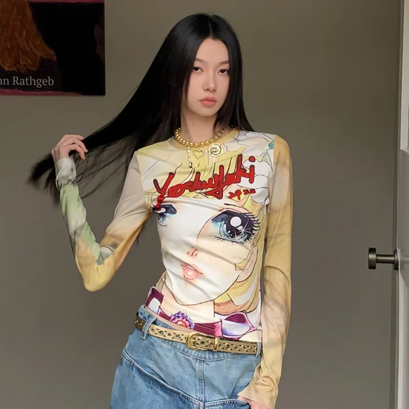 

Japanese Style Subculture Anime Magic Girl Print T-shirt Round Neck Tight Simple Slim Top Women Spring New Fashion Versatile Top