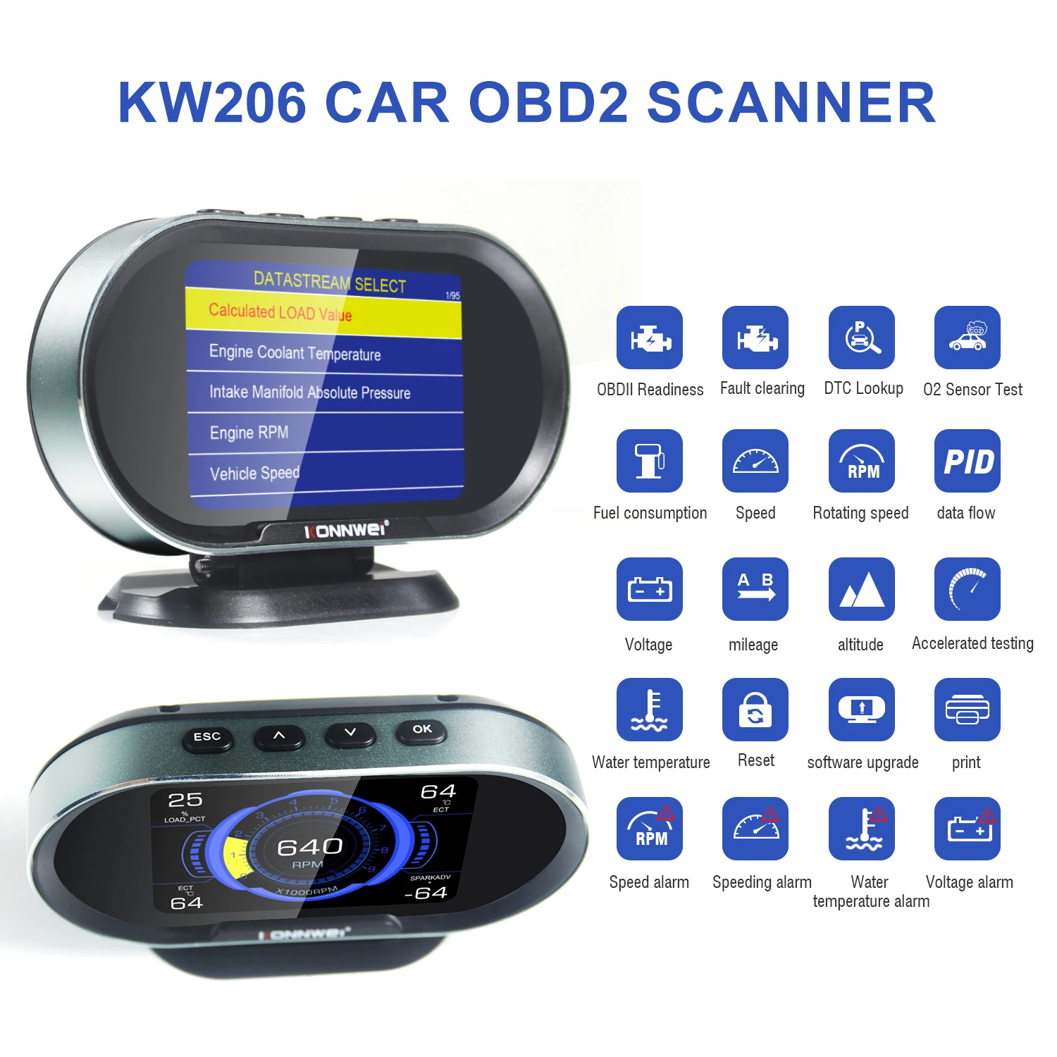Автомобильный сканер KONNWEI KW206 OBD2 с Wi-Fi