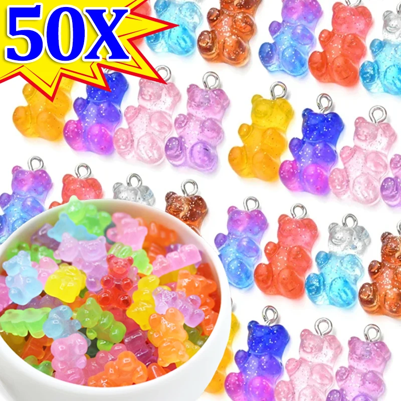 50pcs Candy Color Gummy Cute Mini Bear Charms Pendant for Making Cute Earrings Pendant Necklace DIY Creative Jewelry Finding