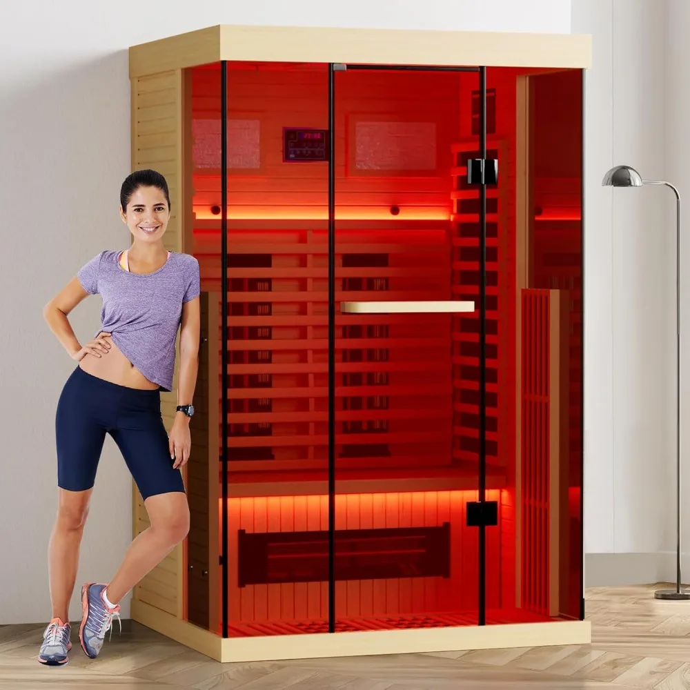 Full Spectrum Infrared Sauna，1-2 Person Home Sauna，Wooden Canadian Hemlock Indoor Spa Sauna with Resonance Speaker, Panoramic