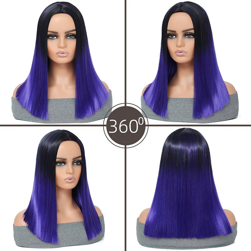 European and American High-Temperature Silk Black Purple Gradient Color Long Straight Hair Wig Headband-Synthetic Fiber Wig