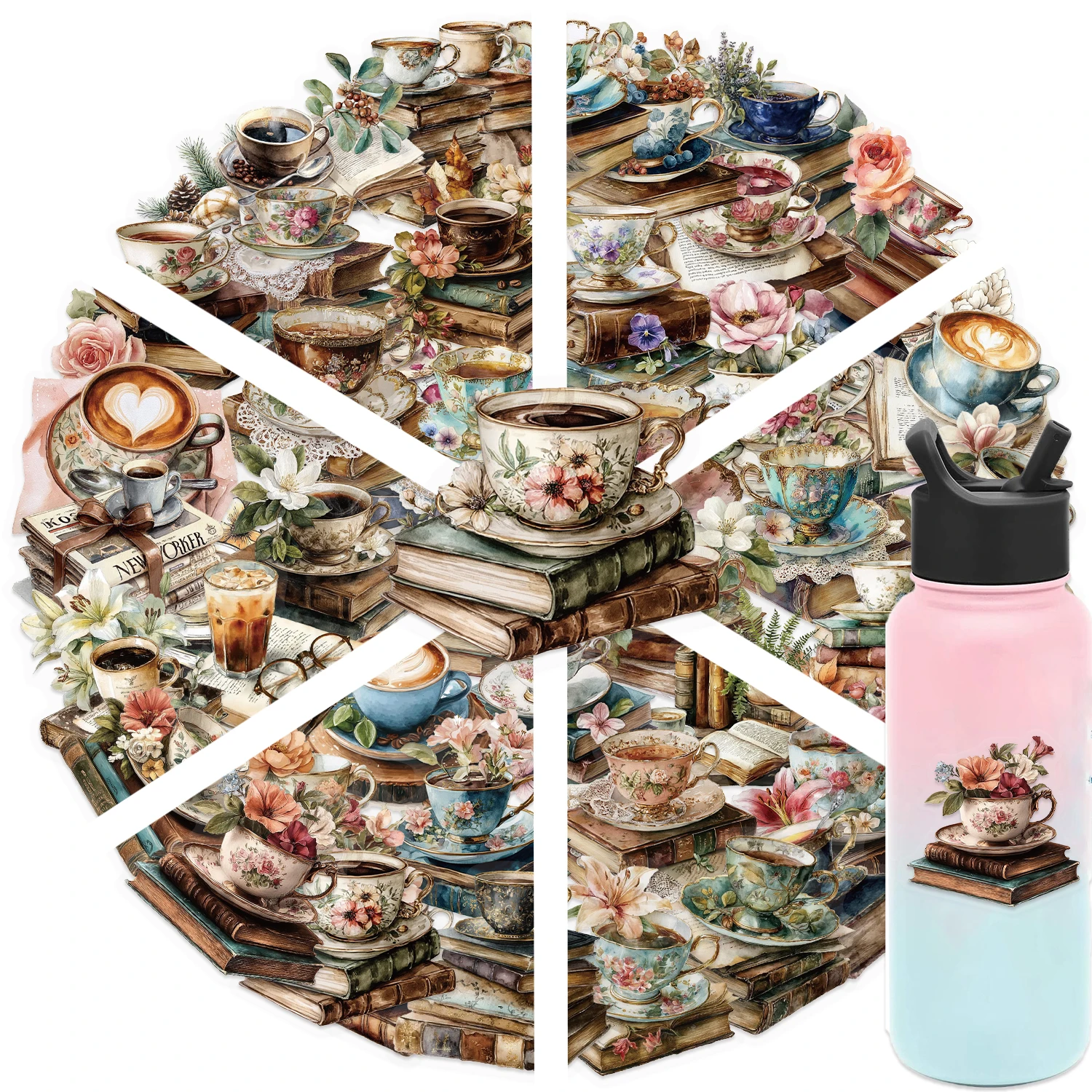 50PCS Vintage Coffee Books Flowers Aesthetic Stickers Retro Transparent Waterproof Decals for Journal Notebook Planner Laptop