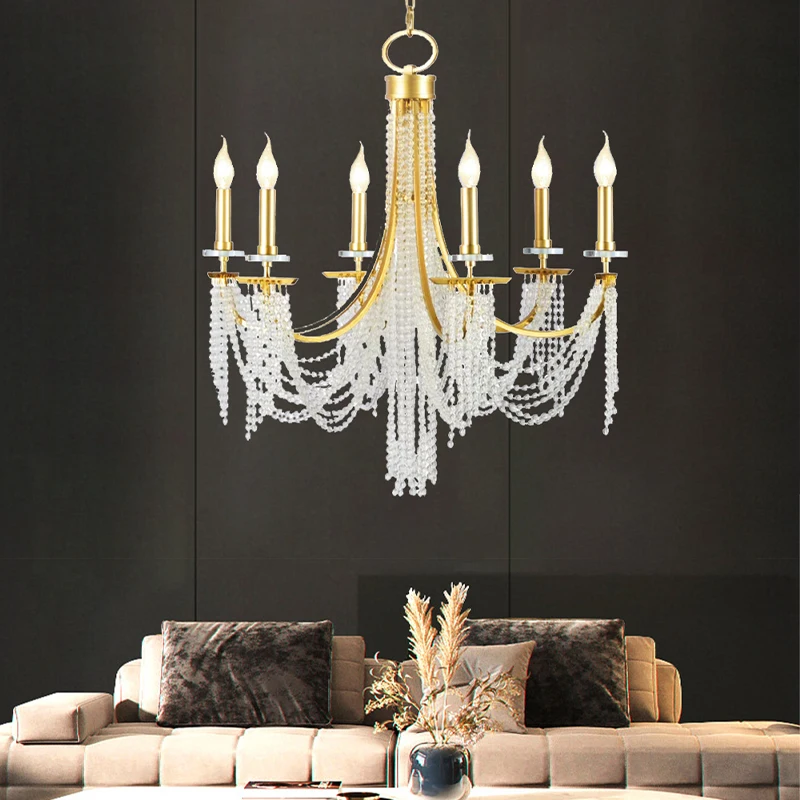 Living Room Crystal Bead Curtain Pendant Light, Minimalist Dining Room Light, French Retro Bedroom And Study Lighting Fixtures ﻿