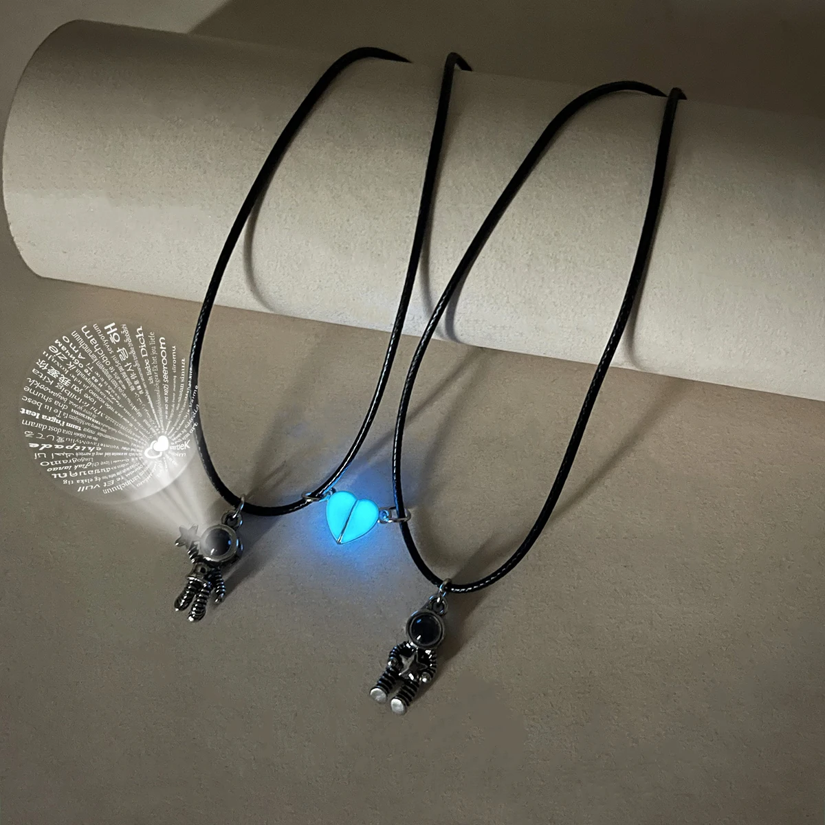 Luminous Grey Heart Astronaut Projection Couple Necklaces with Leather Rope Ancient White K Design