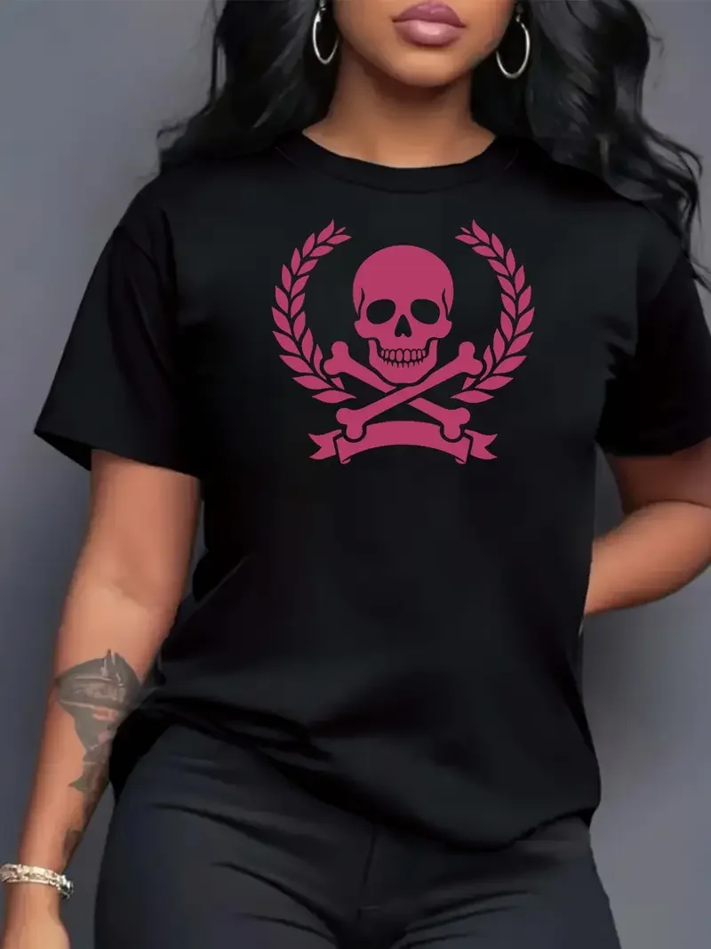 

Women'S Plus Size Short Sleeve T-Shirt,Skull & Crossbones Graphic, Bold Death Symbols, Casual Crew Neck, Lightweight Polyester