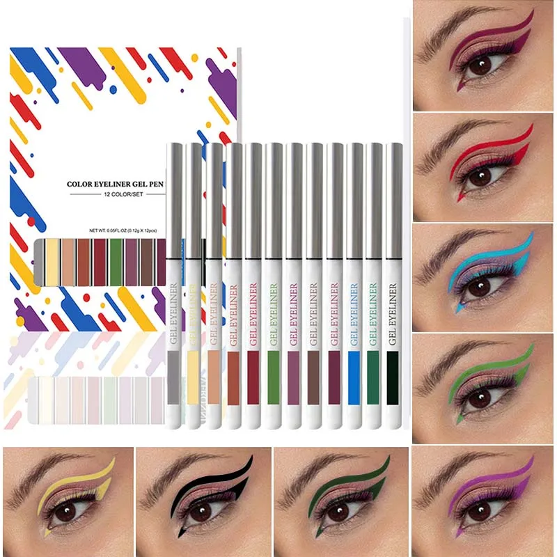 Quick-Drying Colored Eyeliner Gel Pen 12 Color Set Portable Non-Smudge Eyeliner Pen Gift For Birthday Eyeliner Gel Pen 12 Colors